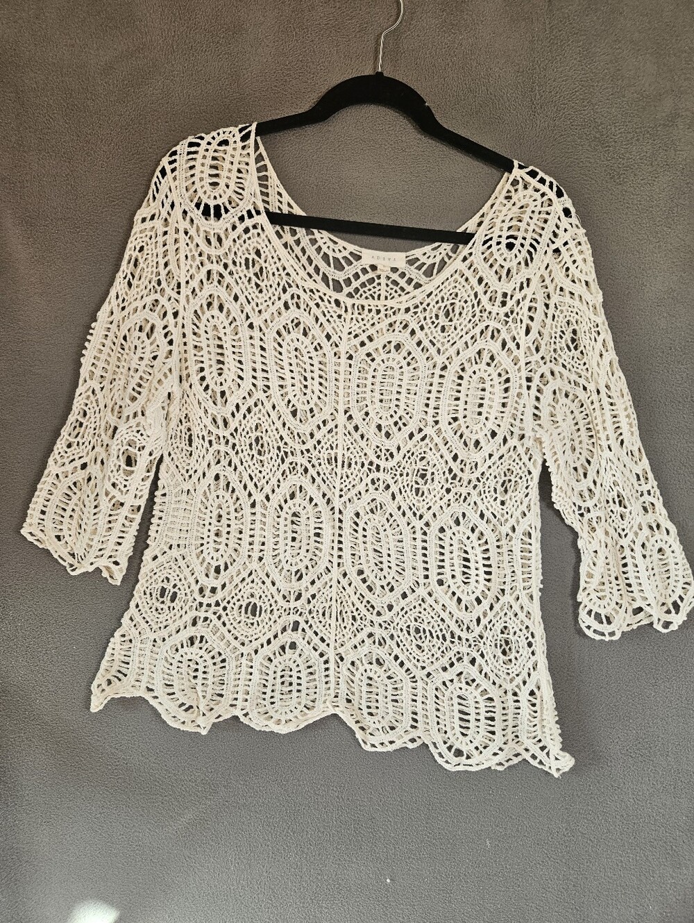 Adiva Womens Large Crochet Shirt Open Knit White Scallop Half Sleeve Cottagecore